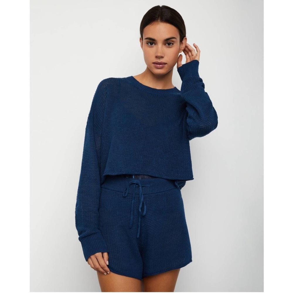 Onia Womens Size Medium Cropped Sweater Crew Neck Blue Pullover Long Sleeves